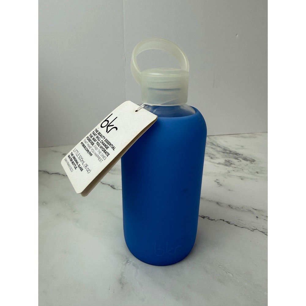 BKR Silicone & Glass Water Bottle 'Romeo' Sheer Periwinkle Blue 16oz NWT